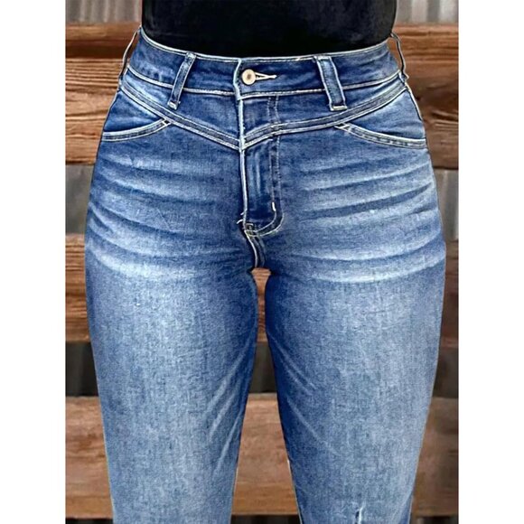 High Waisted Bootcut Jeans Women Stretchy Butt-Lifting Frayed Hem - Picture 4 of 5